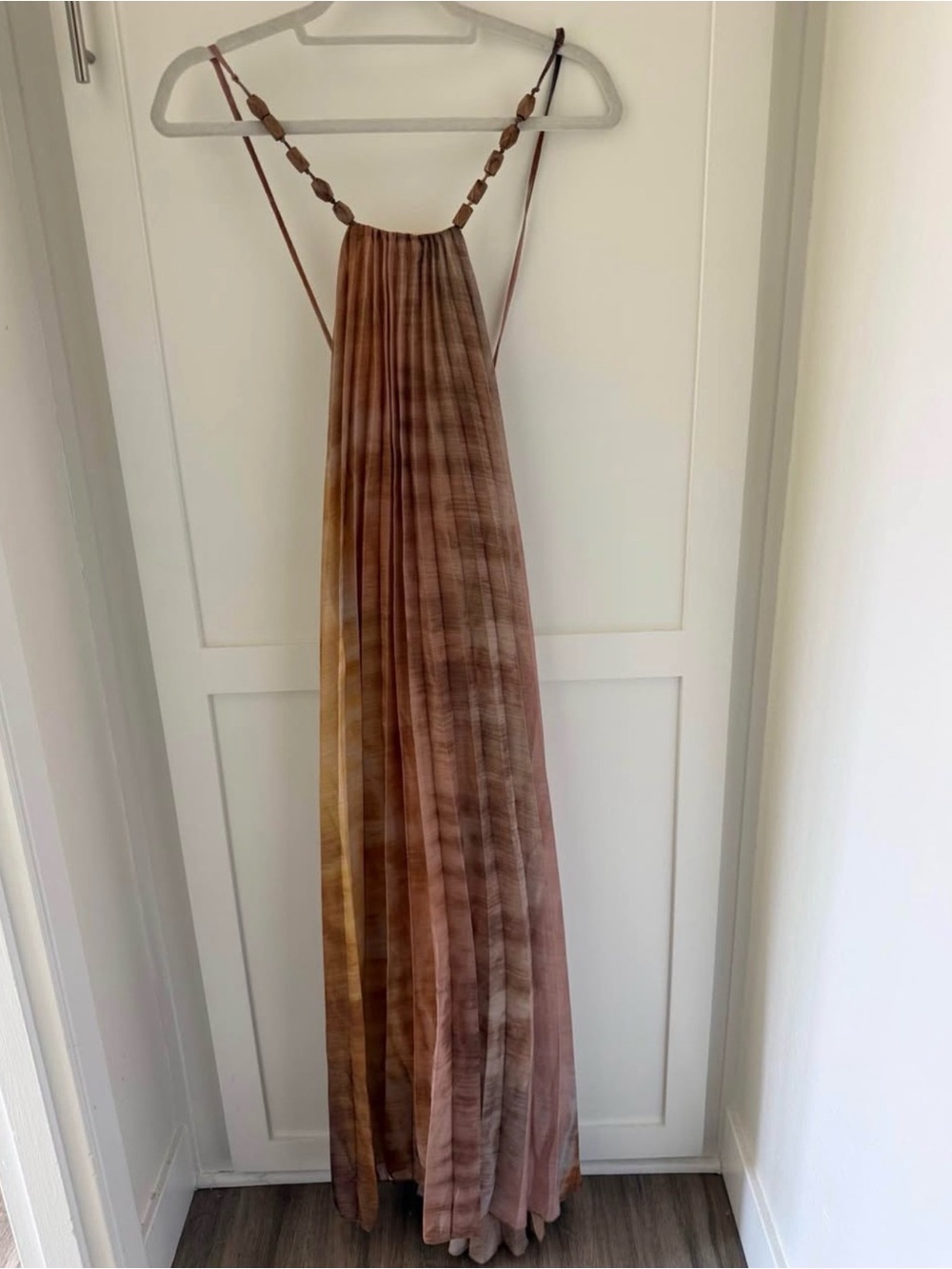 Maxi Pleated Halter Dress in Brown Tie-Dye